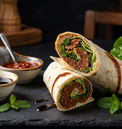 Damga Çiğköfte etsiz çiğköfte dürüm sunumu